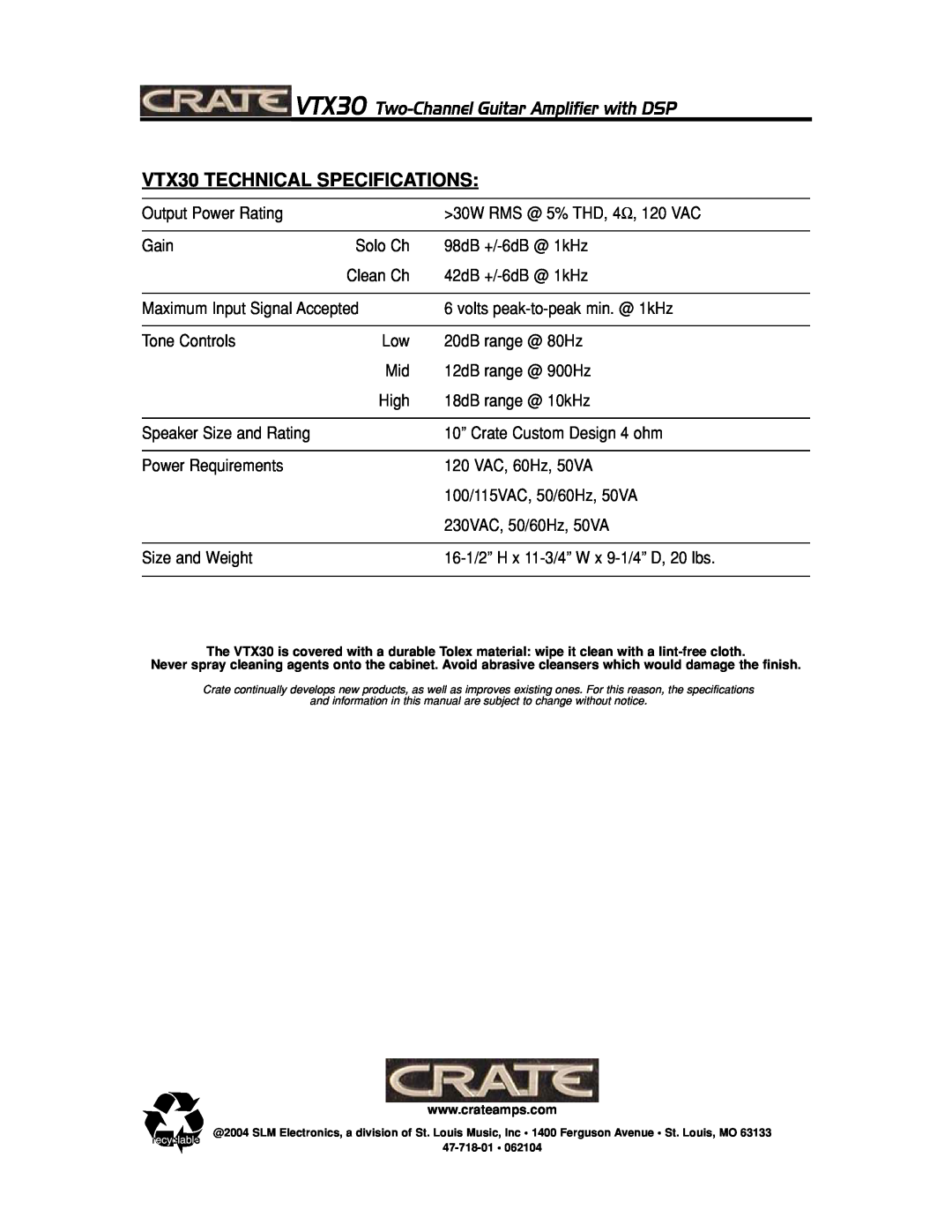 Crate Amplifiers manual VTX30 TECHNICAL SPECIFICATIONS, VTX30 Two-ChannelGuitar Amplifier with DSP 