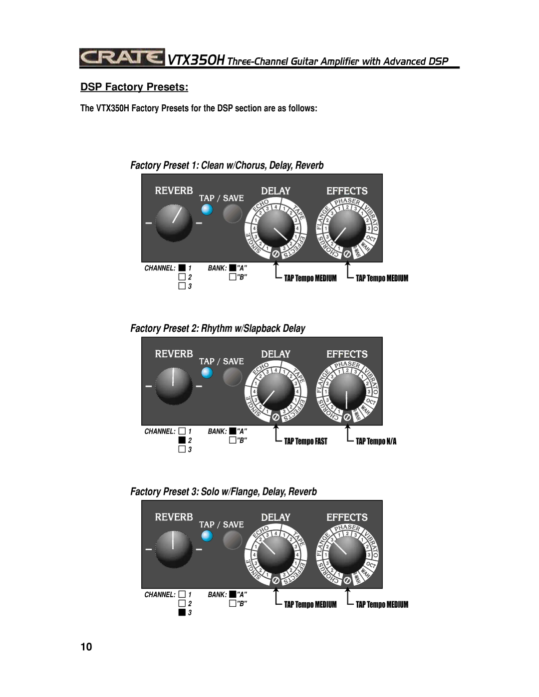 Crate Amplifiers VTX350H manual DSP Factory Presets, Factory Preset 3 Solo w/Flange, Delay, Reverb 