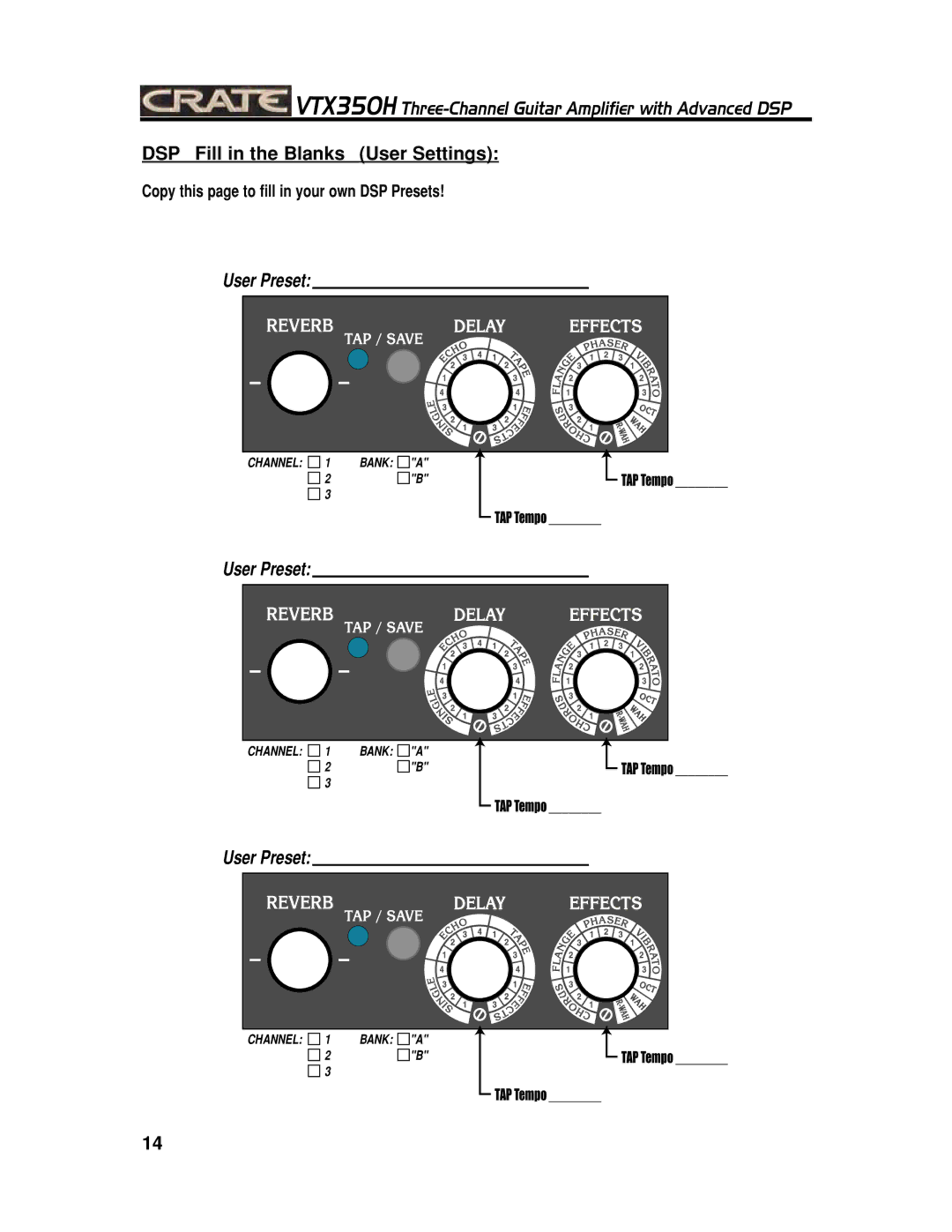 Crate Amplifiers VTX350H manual DSP Fill in the Blanks User Settings 