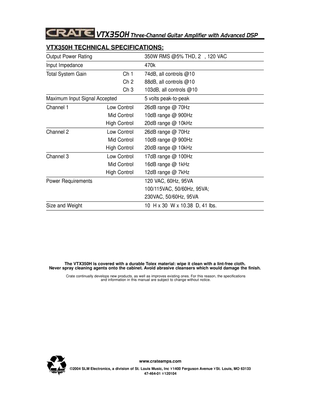 Crate Amplifiers manual VTX350H Technical Specifications 