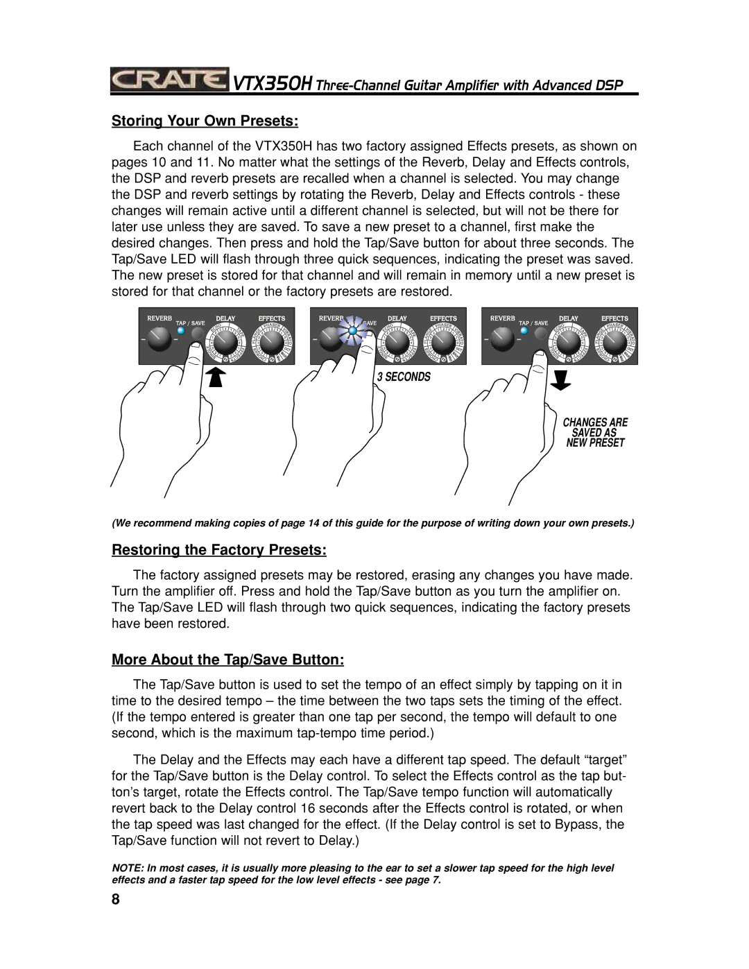 Crate Amplifiers VTX350H manual Storing Your Own Presets, Restoring the Factory Presets, More About the Tap/Save Button 