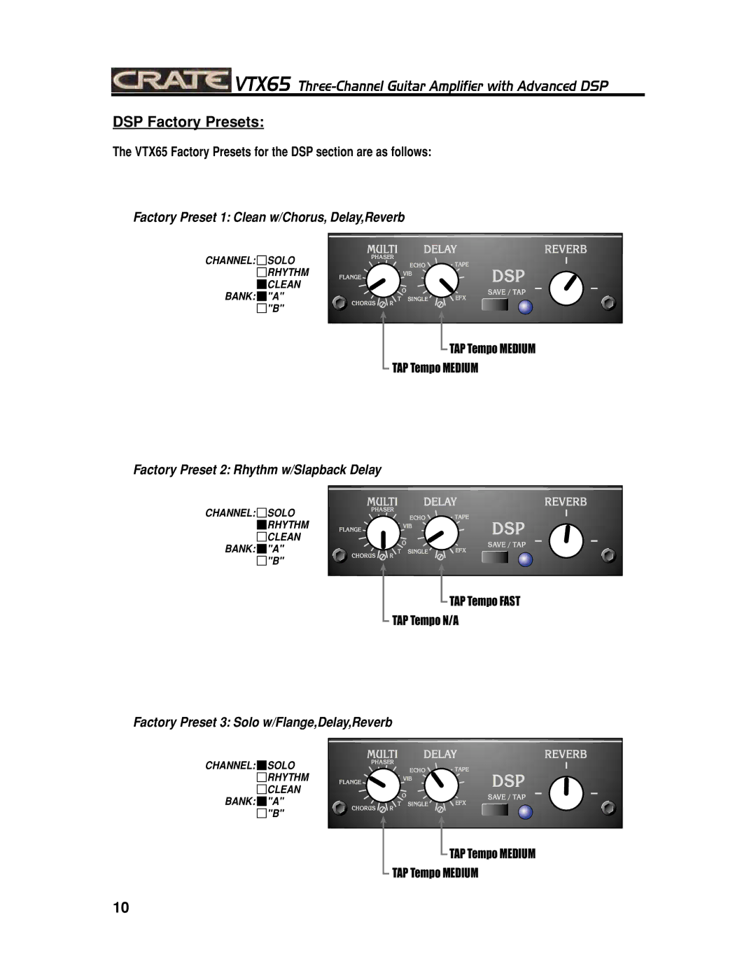 Crate Amplifiers VTX65 manual DSP Factory Presets, Factory Preset 1 Clean w/Chorus, Delay,Reverb 