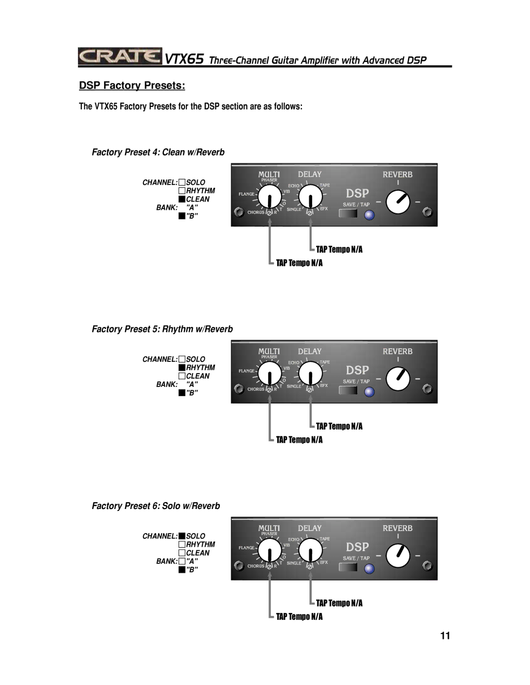 Crate Amplifiers VTX65 manual Factory Preset 4 Clean w/Reverb 
