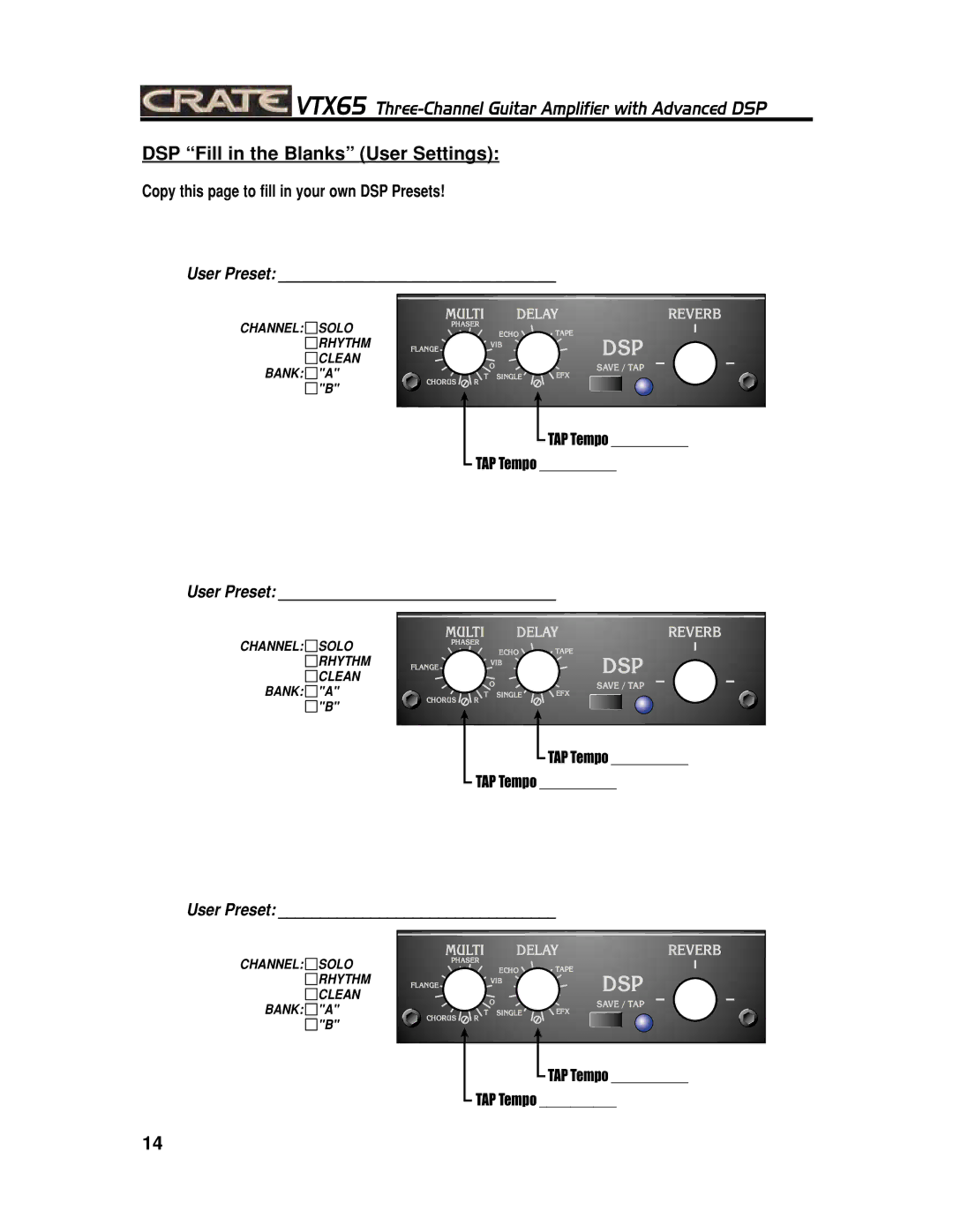 Crate Amplifiers VTX65 manual DSP Fill in the Blanks User Settings, User Preset 