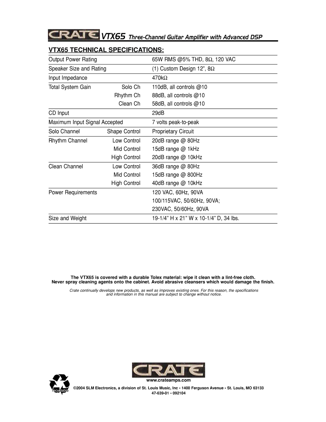 Crate Amplifiers manual VTX65 Technical Specifications 