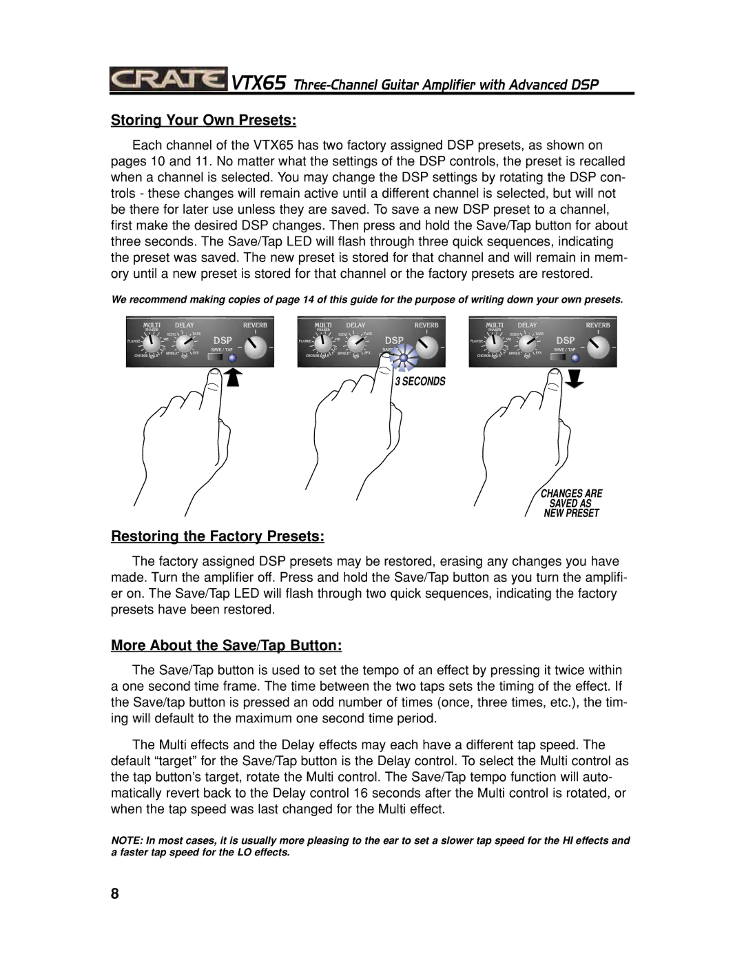 Crate Amplifiers VTX65 manual Storing Your Own Presets, Restoring the Factory Presets, More About the Save/Tap Button 