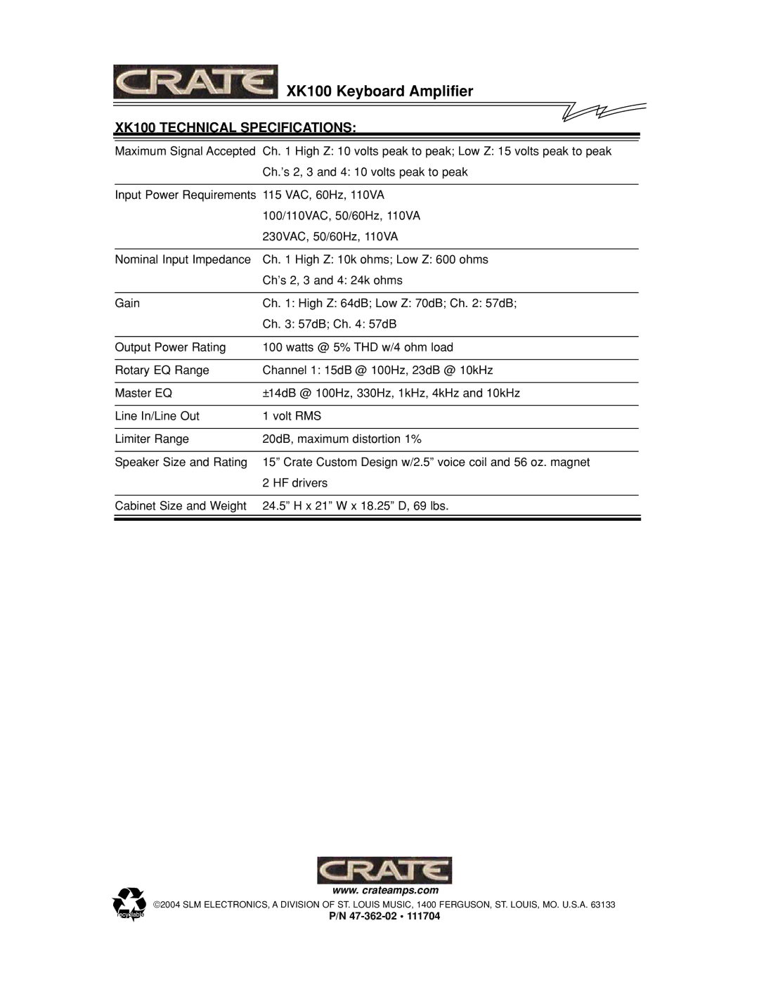 Crate Amplifiers manual XK100 Technical Specifications 