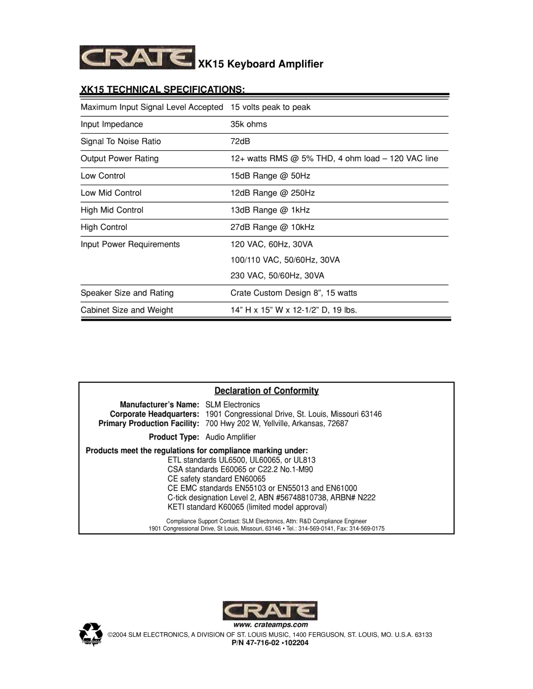 Crate Amplifiers manual XK15 Technical Specifications 