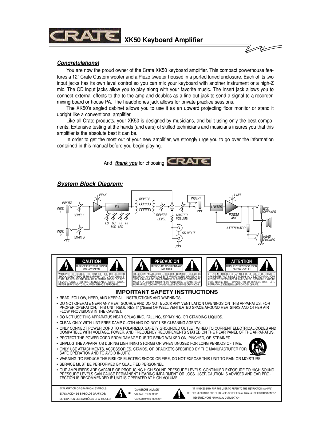 Crate Amplifiers manual XK50 Keyboard Amplifier 