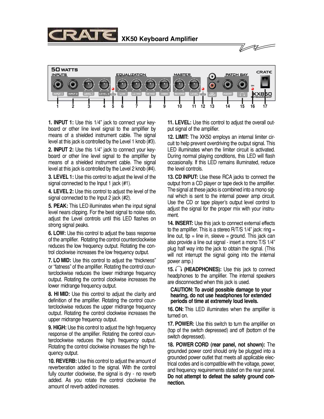 Crate Amplifiers XK50 manual Do not attempt to defeat the safety ground con- nection 