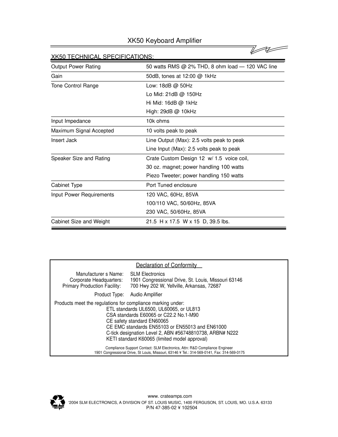 Crate Amplifiers manual XK50 Technical Specifications 