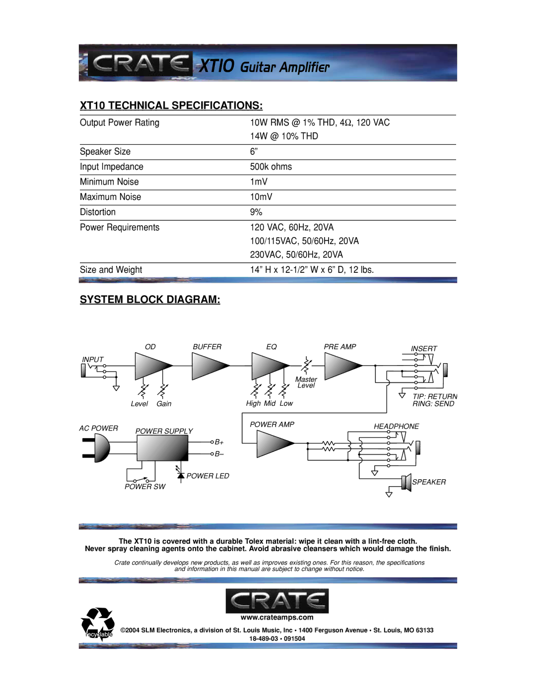 Crate Amplifiers manual XT10 Technical Specifications 