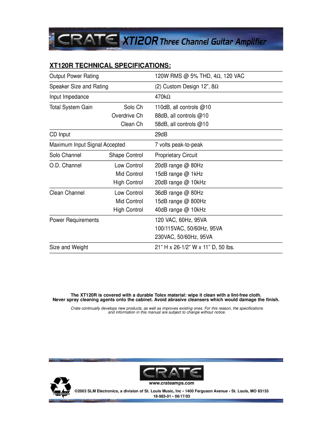 Crate Amplifiers manual XT120R Technical Specifications 