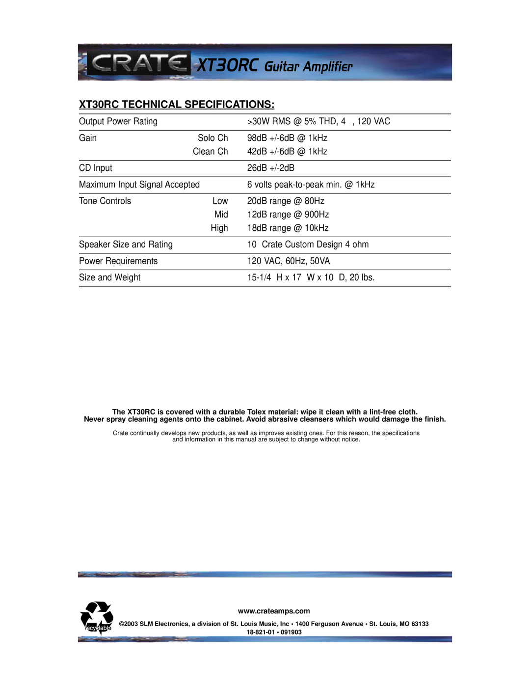 Crate Amplifiers manual XT30RC Technical Specifications 