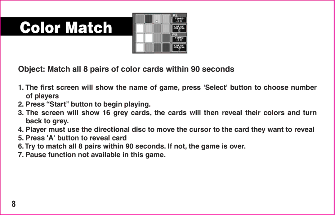 Crayola My First TV Play System manual Color Match, Object Match all 8 pairs of color cards within 90 seconds 