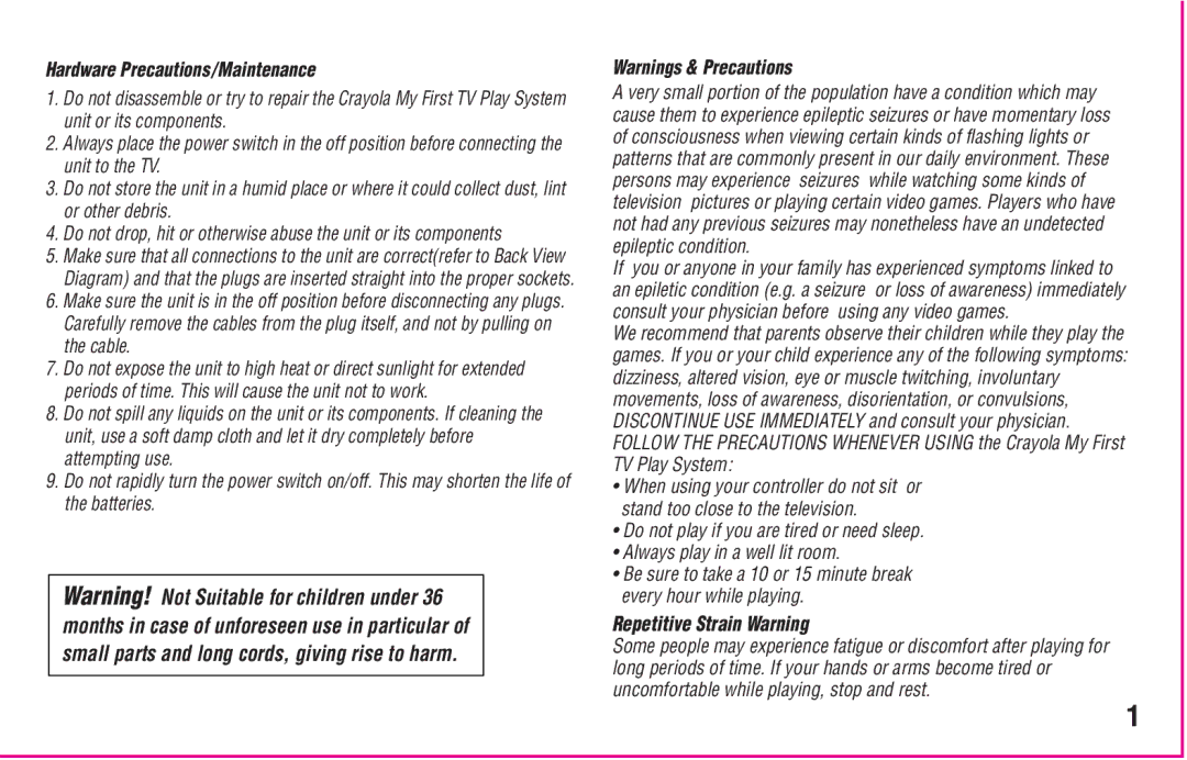 Crayola My First TV Play System manual Hardware Precautions /Maintenance 