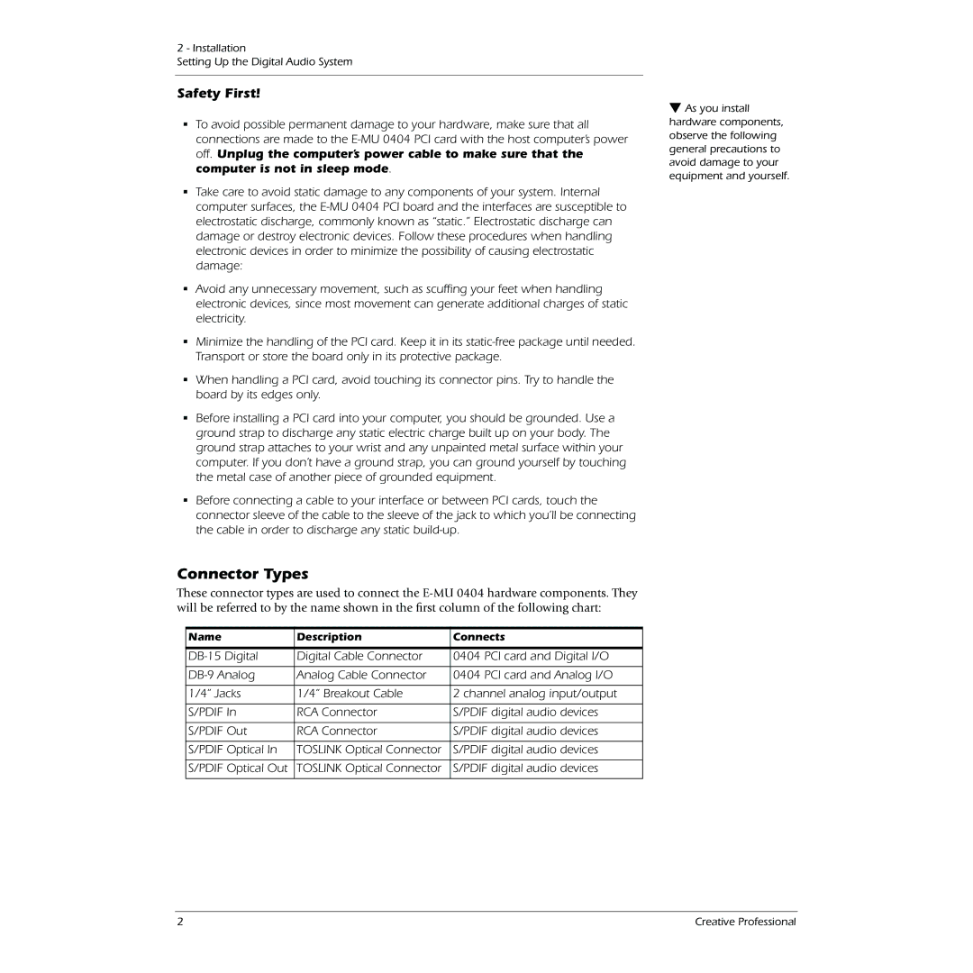 Creative 0404 owner manual Connector Types, Safety First, Name Description Connects 