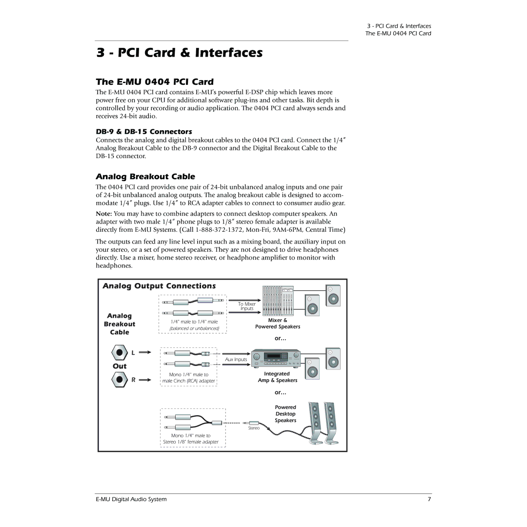 Creative owner manual PCI Card & Interfaces, E-MU 0404 PCI Card, Analog Breakout Cable, Analog Output Connections 