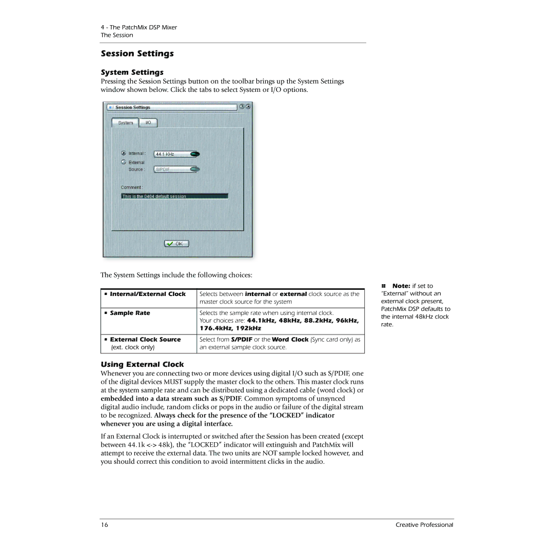 Creative 0404 owner manual Session Settings, System Settings, Using External Clock 