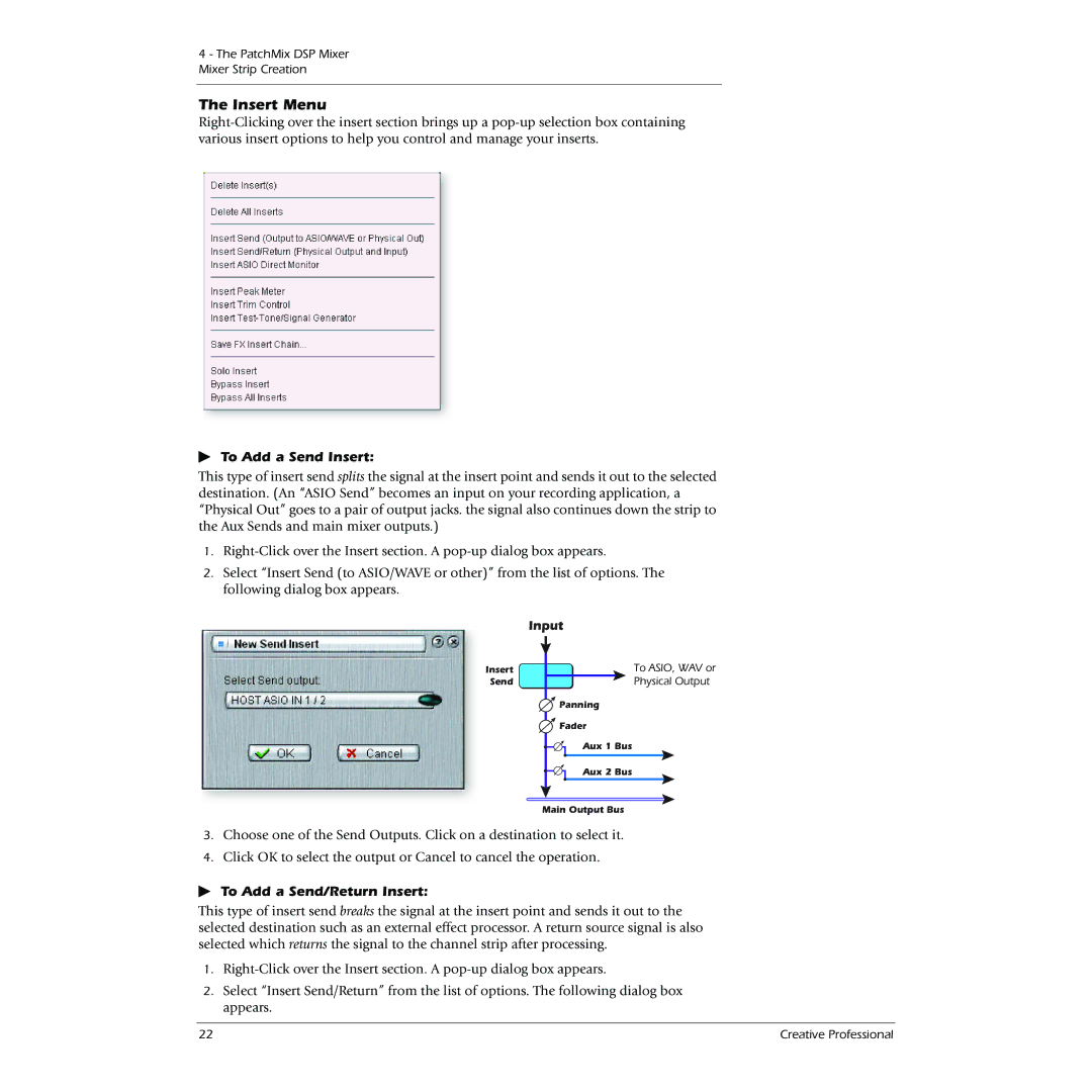 Creative 0404 owner manual Insert Menu, To Add a Send Insert, To Add a Send/Return Insert, Input 