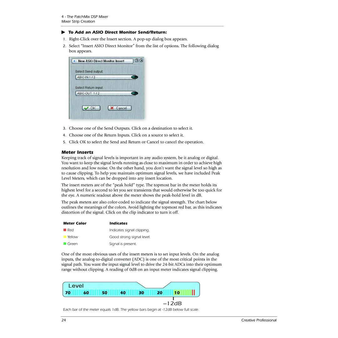 Creative 0404 owner manual Meter Inserts, To Add an Asio Direct Monitor Send/Return, Meter Color Indicates 