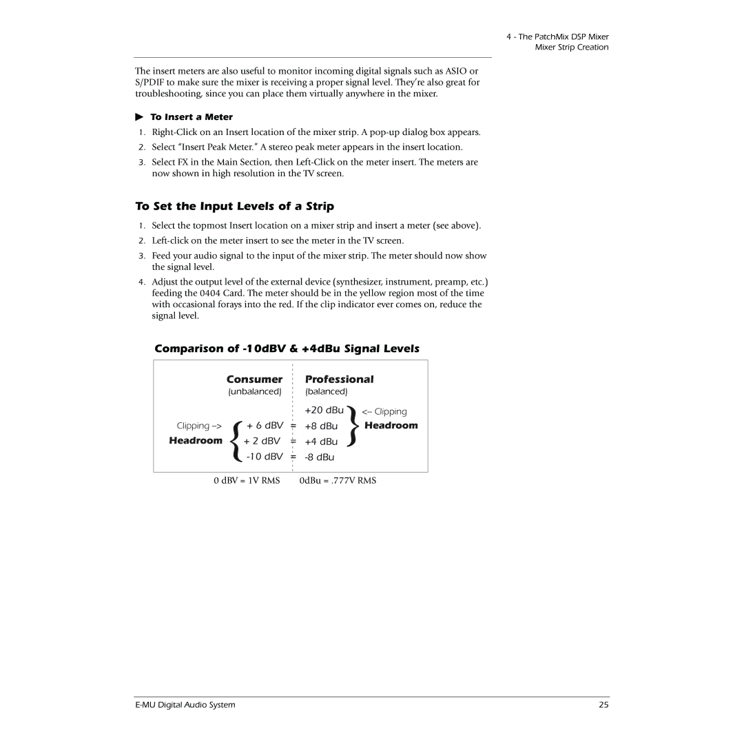 Creative 0404 owner manual To Set the Input Levels of a Strip, To Insert a Meter 