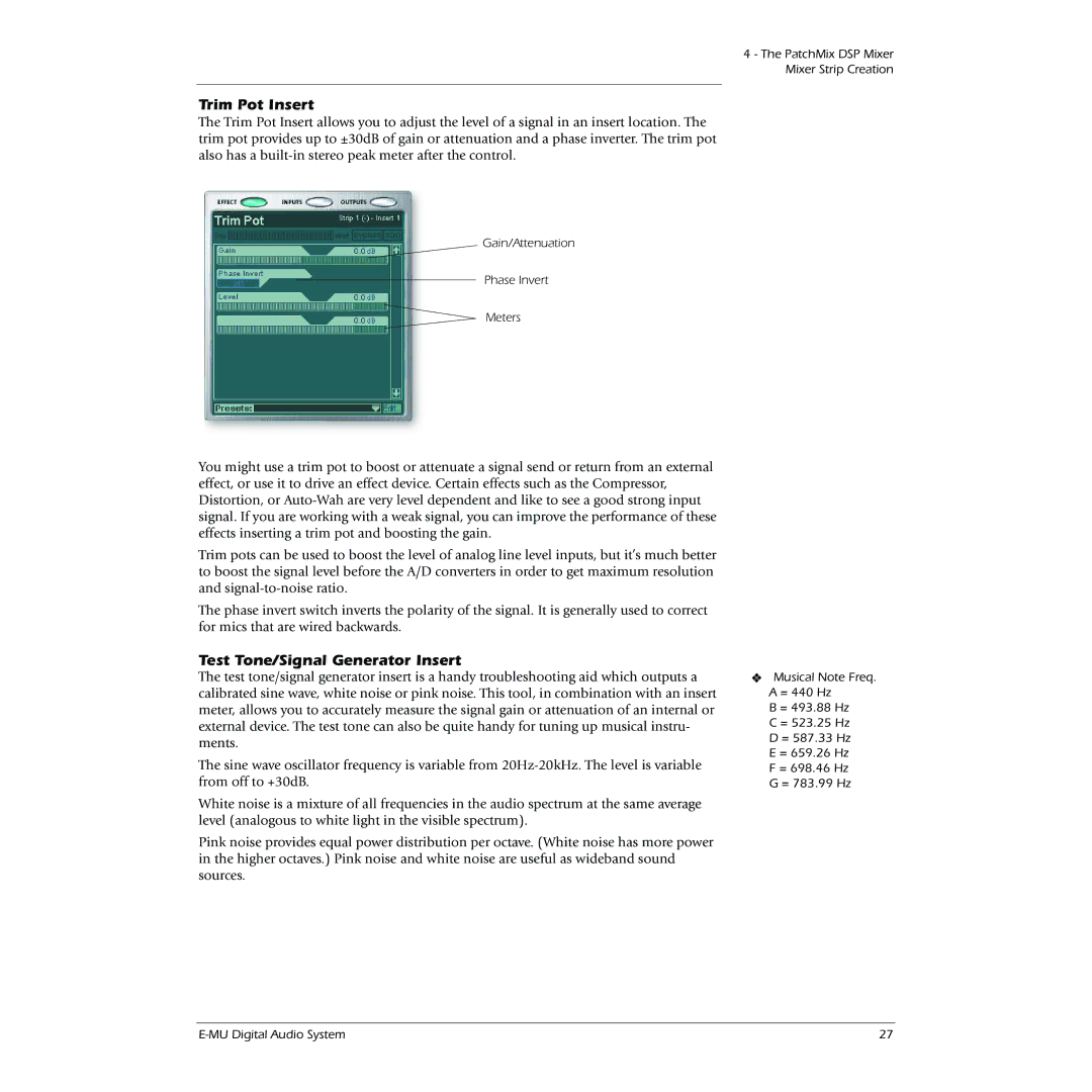 Creative 0404 owner manual Trim Pot Insert, Test Tone/Signal Generator Insert 