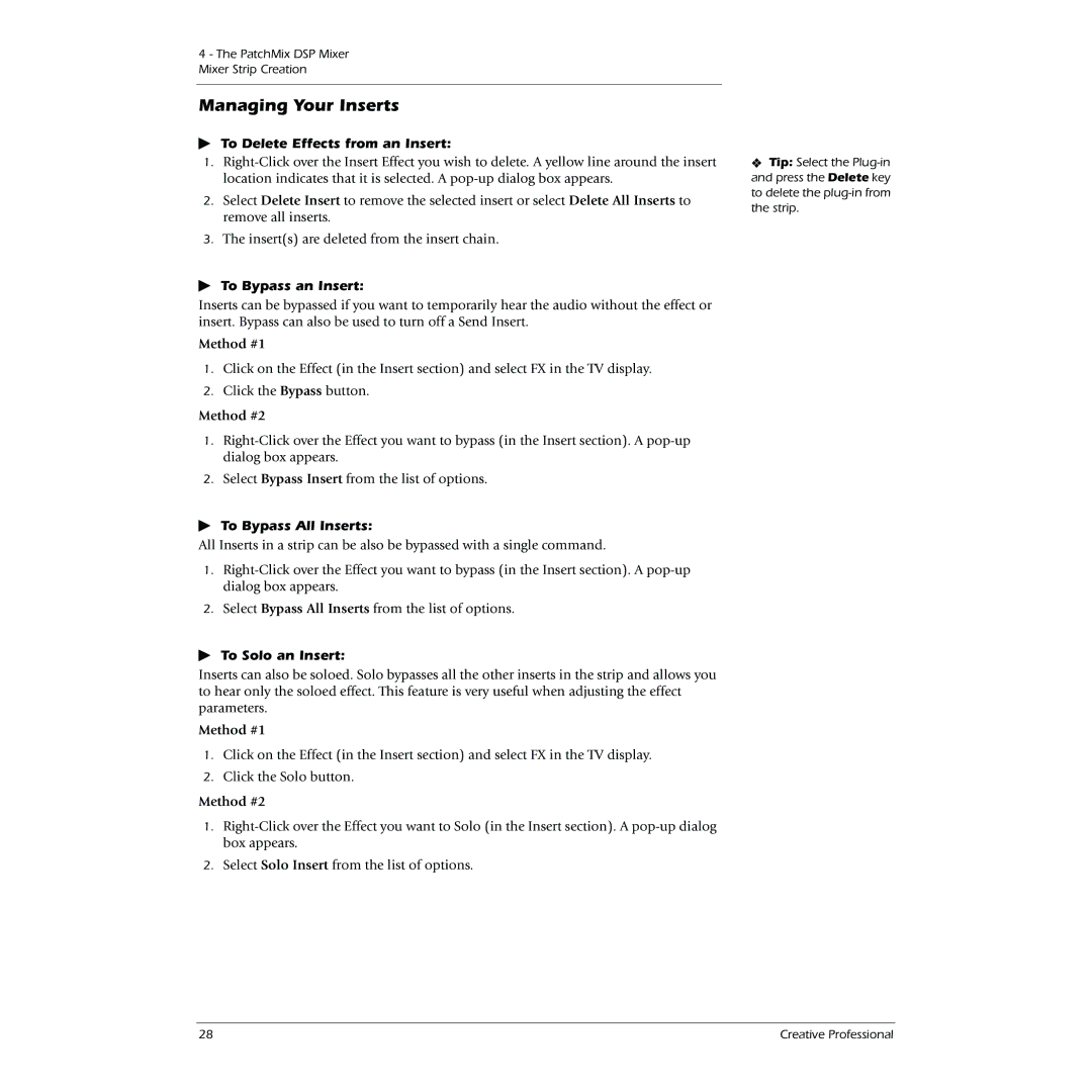 Creative 0404 Managing Your Inserts, To Delete Effects from an Insert, To Bypass an Insert, To Bypass All Inserts 