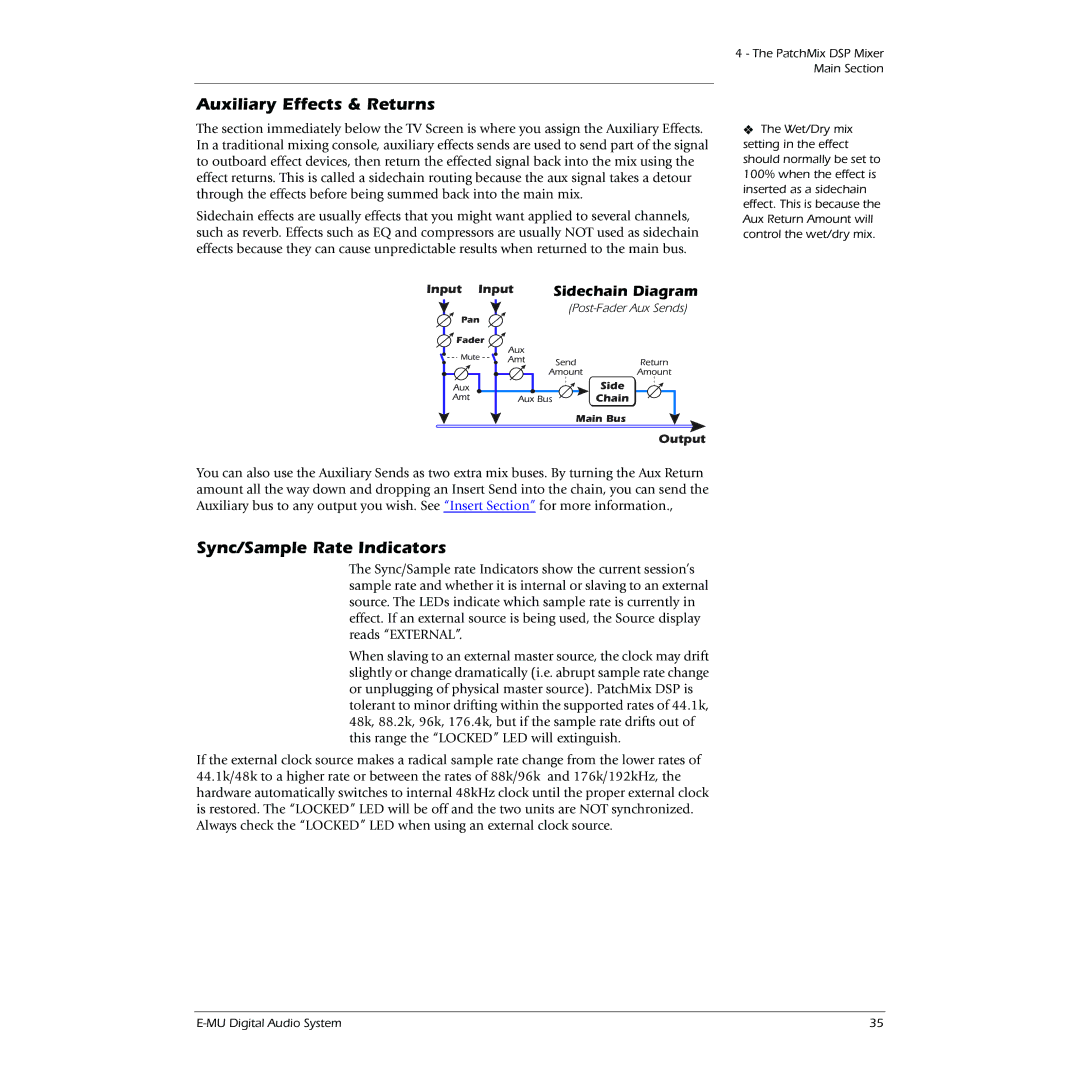 Creative 0404 owner manual Auxiliary Effects & Returns, Sync/Sample Rate Indicators, Input Input, Output 