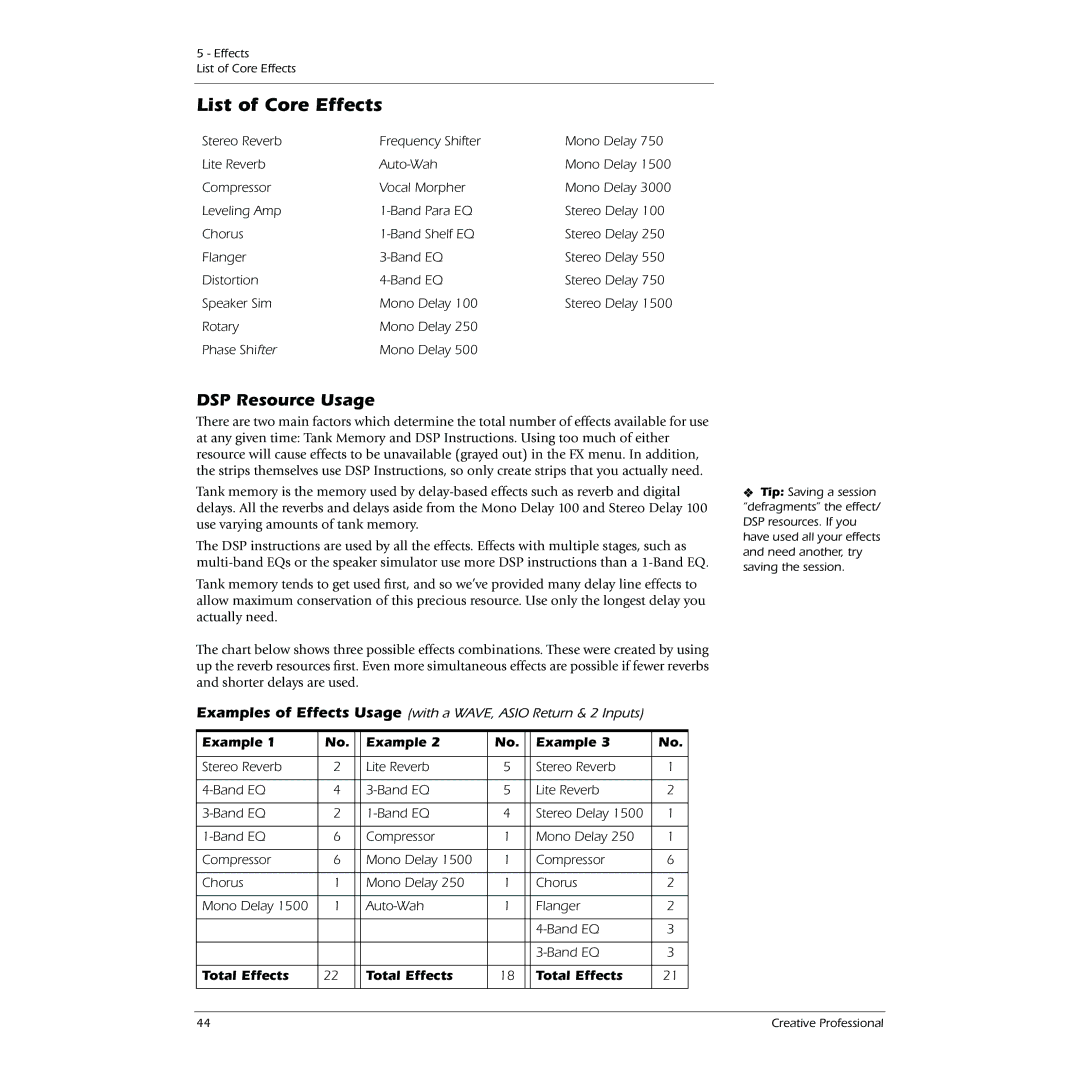 Creative 0404 owner manual List of Core Effects, DSP Resource Usage, Example, Total Effects 