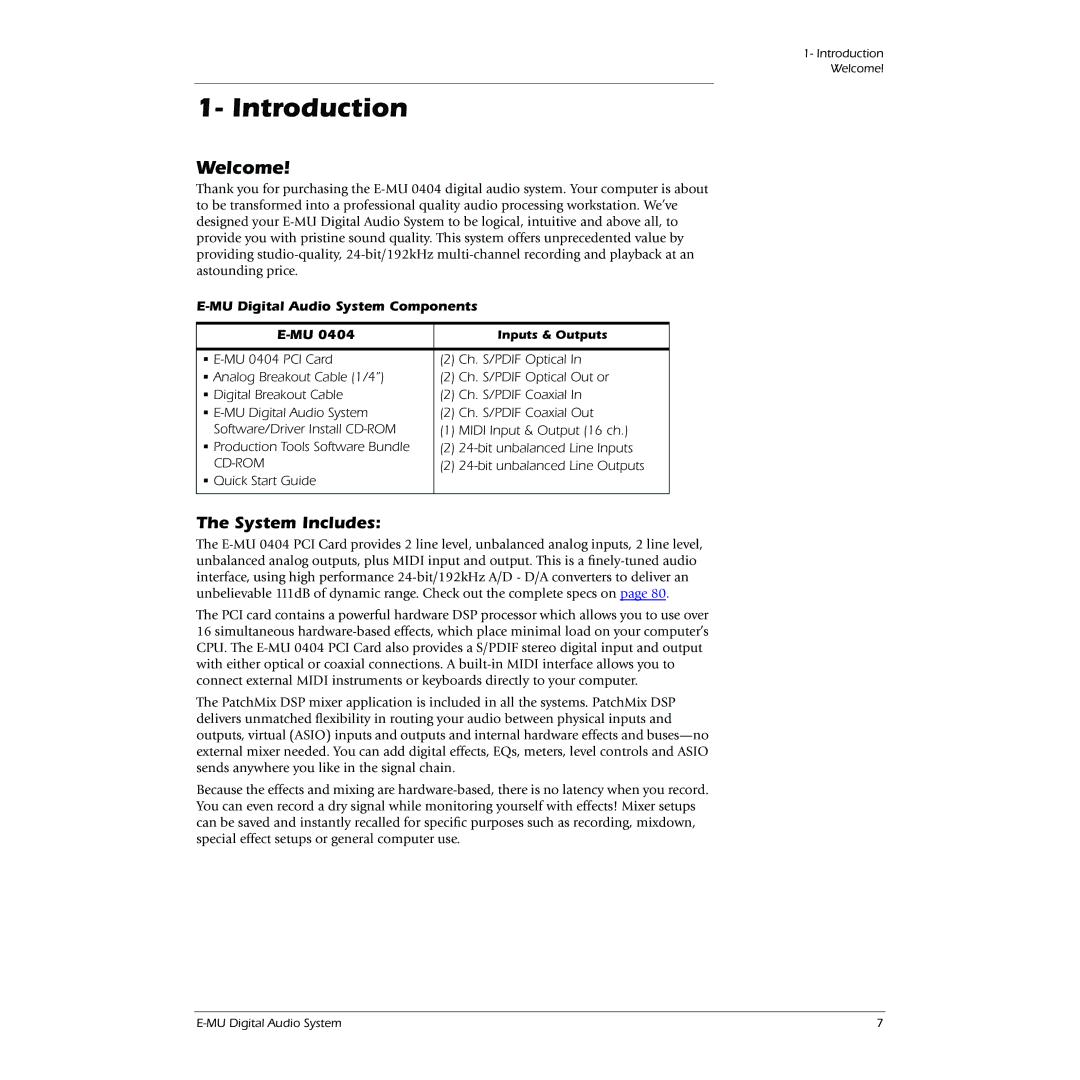 Creative 0404 owner manual Introduction, Welcome, System Includes, MU Digital Audio System Components, Inputs & Outputs 