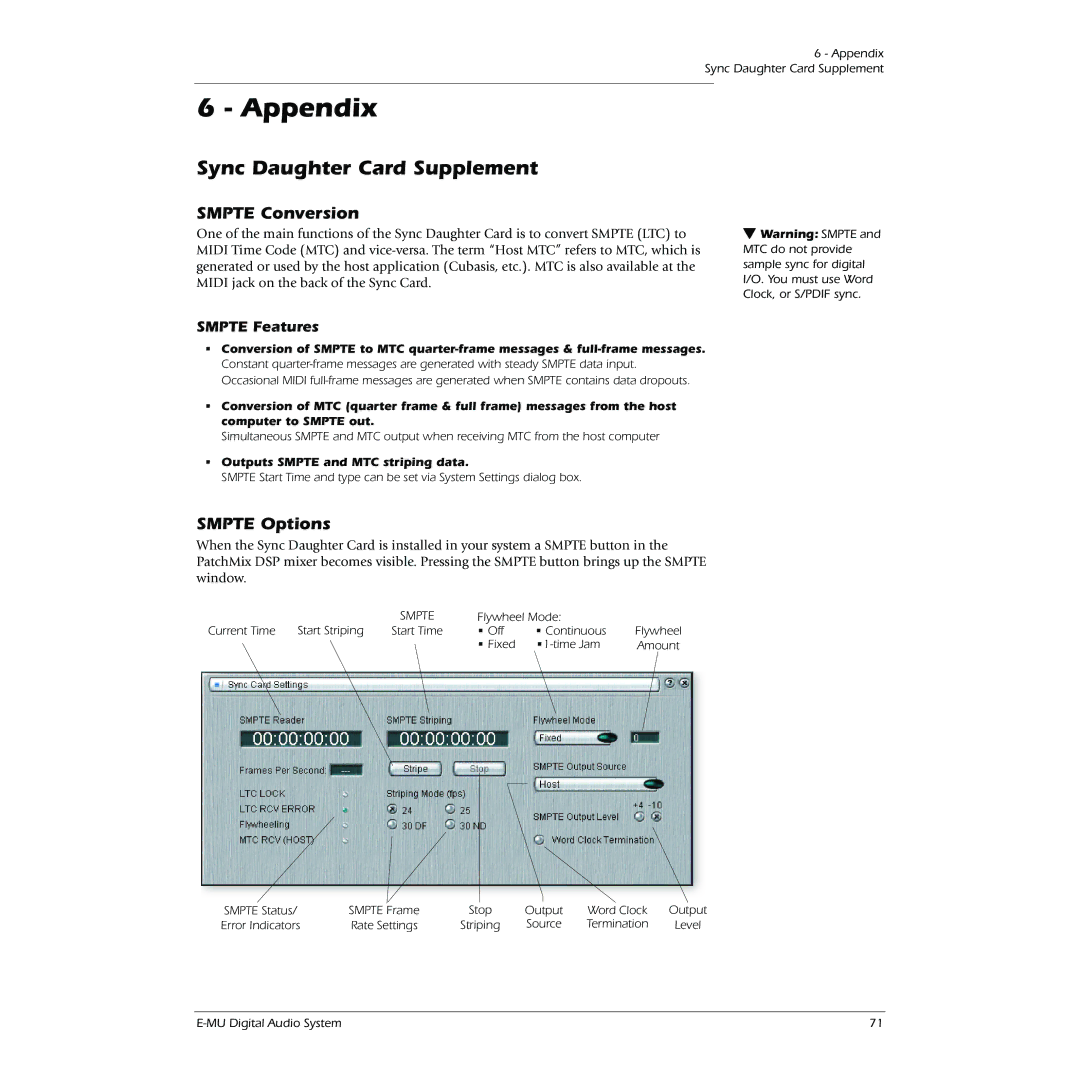 Creative 0404 owner manual Appendix, Sync Daughter Card Supplement, Smpte Conversion, Smpte Options, Smpte Features 