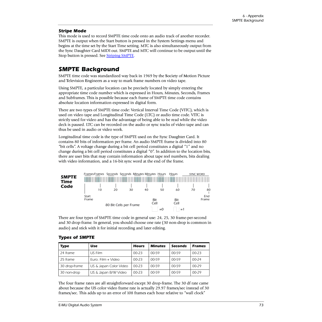 Creative 0404 owner manual Smpte Background, Stripe Mode, Time Code, Types of Smpte, Type Use Hours Minutes Seconds Frames 