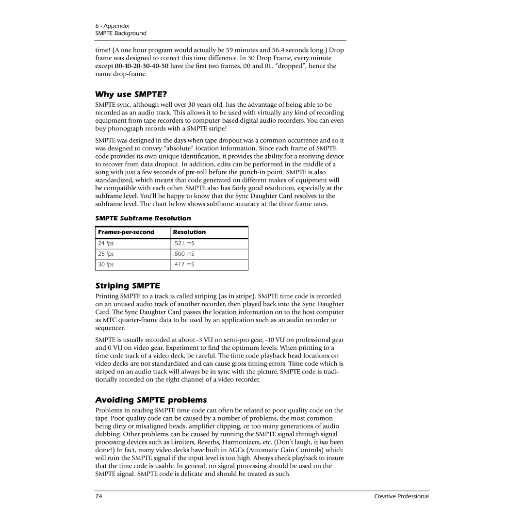 Creative 0404 owner manual Why use SMPTE?, Striping Smpte, Avoiding Smpte problems, Smpte Subframe Resolution 