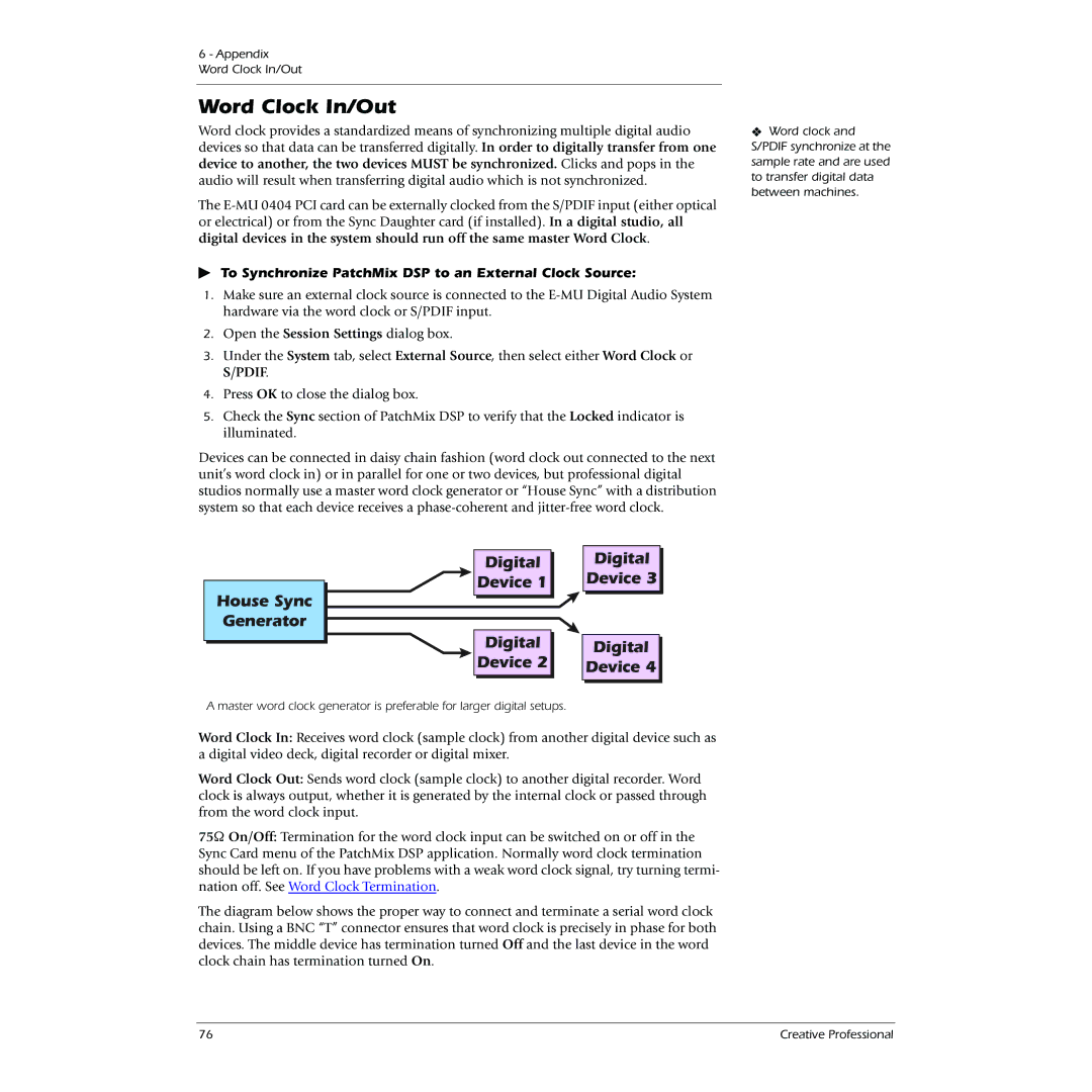 Creative 0404 owner manual Word Clock In/Out, House Sync Generator Digital Device 