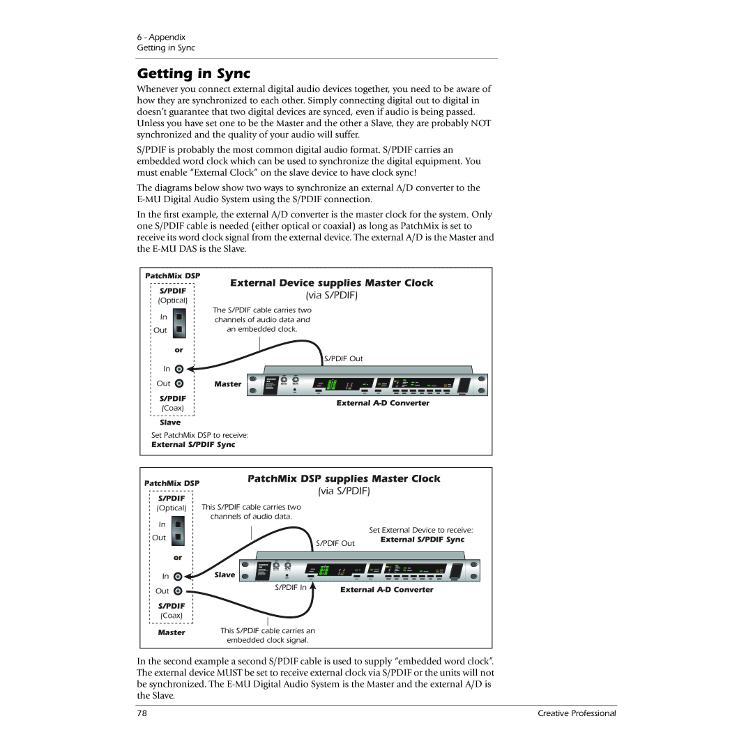 Creative 0404 owner manual Getting in Sync, External Device supplies Master Clock, PatchMix DSP supplies Master Clock 