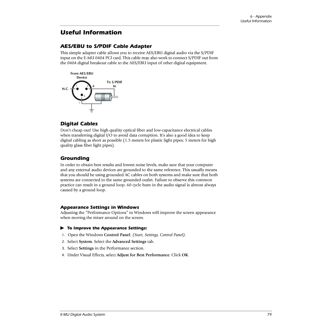 Creative 0404 owner manual Useful Information, AES/EBU to S/PDIF Cable Adapter, Digital Cables, Grounding 