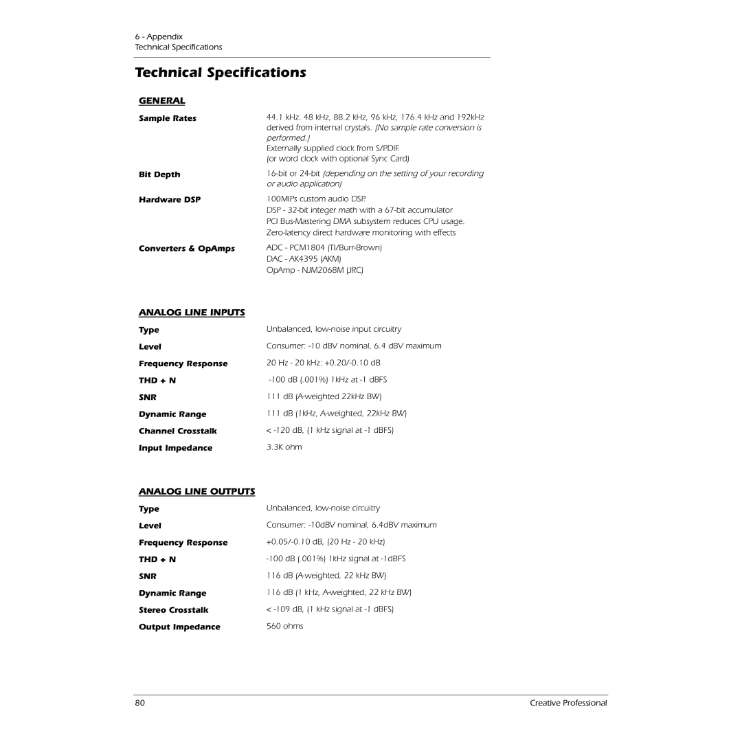 Creative 0404 owner manual Technical Speciﬁcations, Sample Rates Bit Depth Hardware DSP Converters & OpAmps 