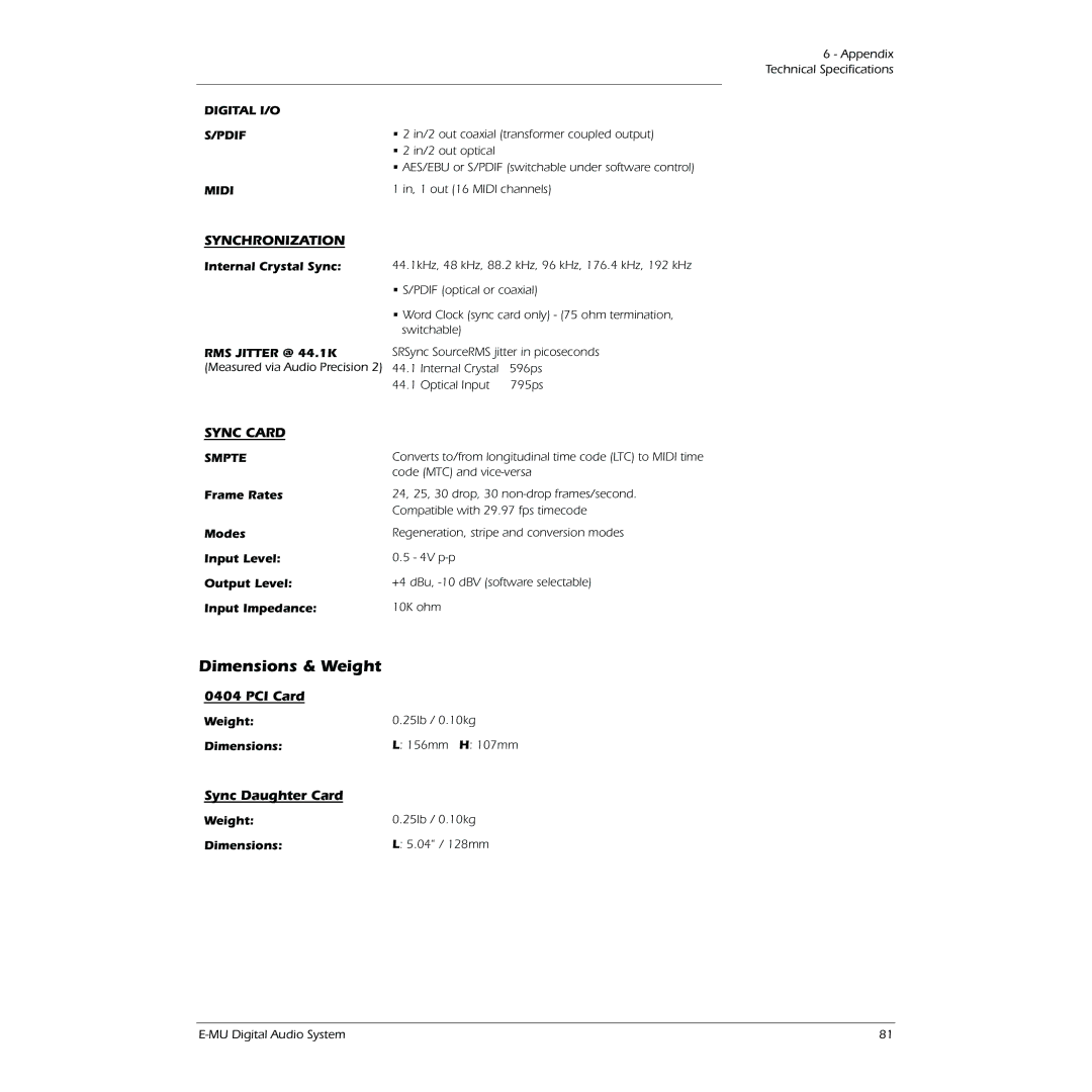 Creative 0404 owner manual Dimensions & Weight, PCI Card, Sync Daughter Card 