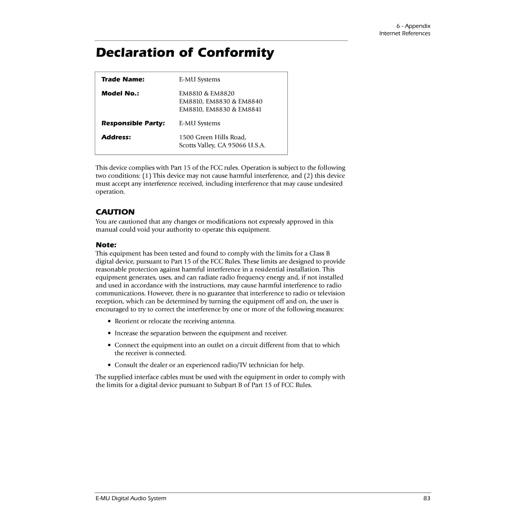 Creative 0404 owner manual Declaration of Conformity, Trade Name, Model No, Responsible Party, Address 