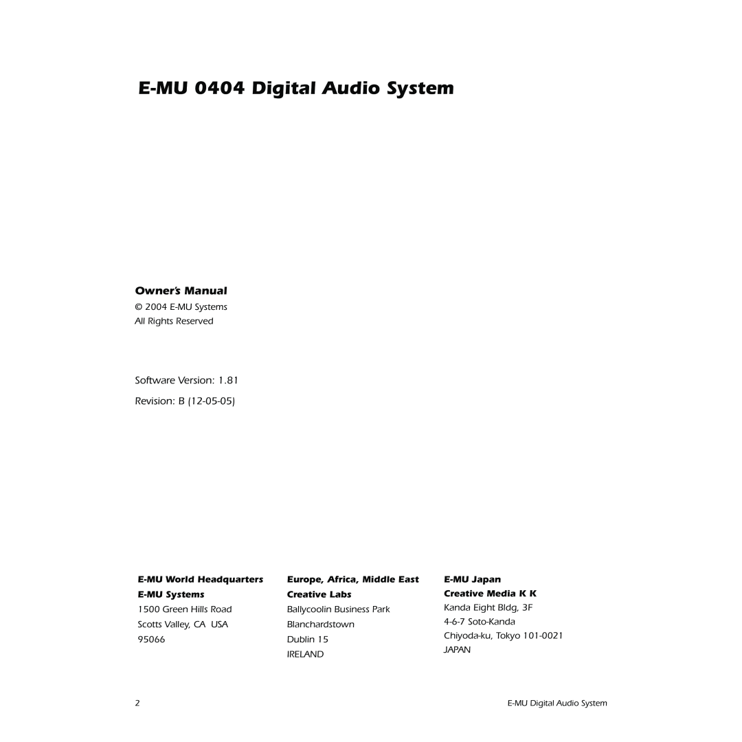 Creative owner manual E-MU0404 Digital Audio System, Owner’s Manual, Software Version: Revision: B 