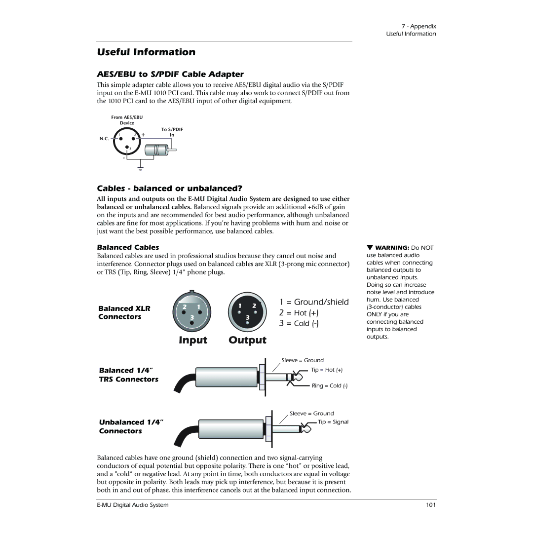 Creative 1820, 1212M Useful Information, AES/EBU to S/PDIF Cable Adapter, Cables balanced or unbalanced?, Balanced Cables 