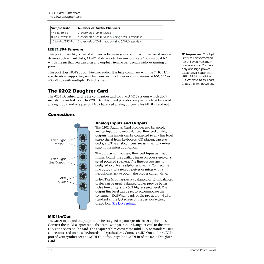 Creative 1212M, 1820M owner manual Daughter Card, IEEE1394 Firewire, Analog Inputs and Outputs, Midi In/Out 