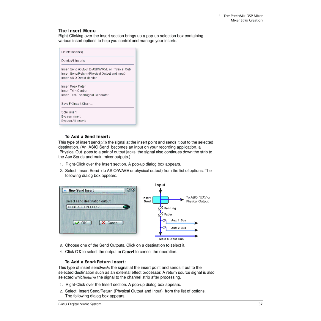 Creative 1820M, 1212M owner manual Insert Menu, To Add a Send Insert, To Add a Send/Return Insert, Input 