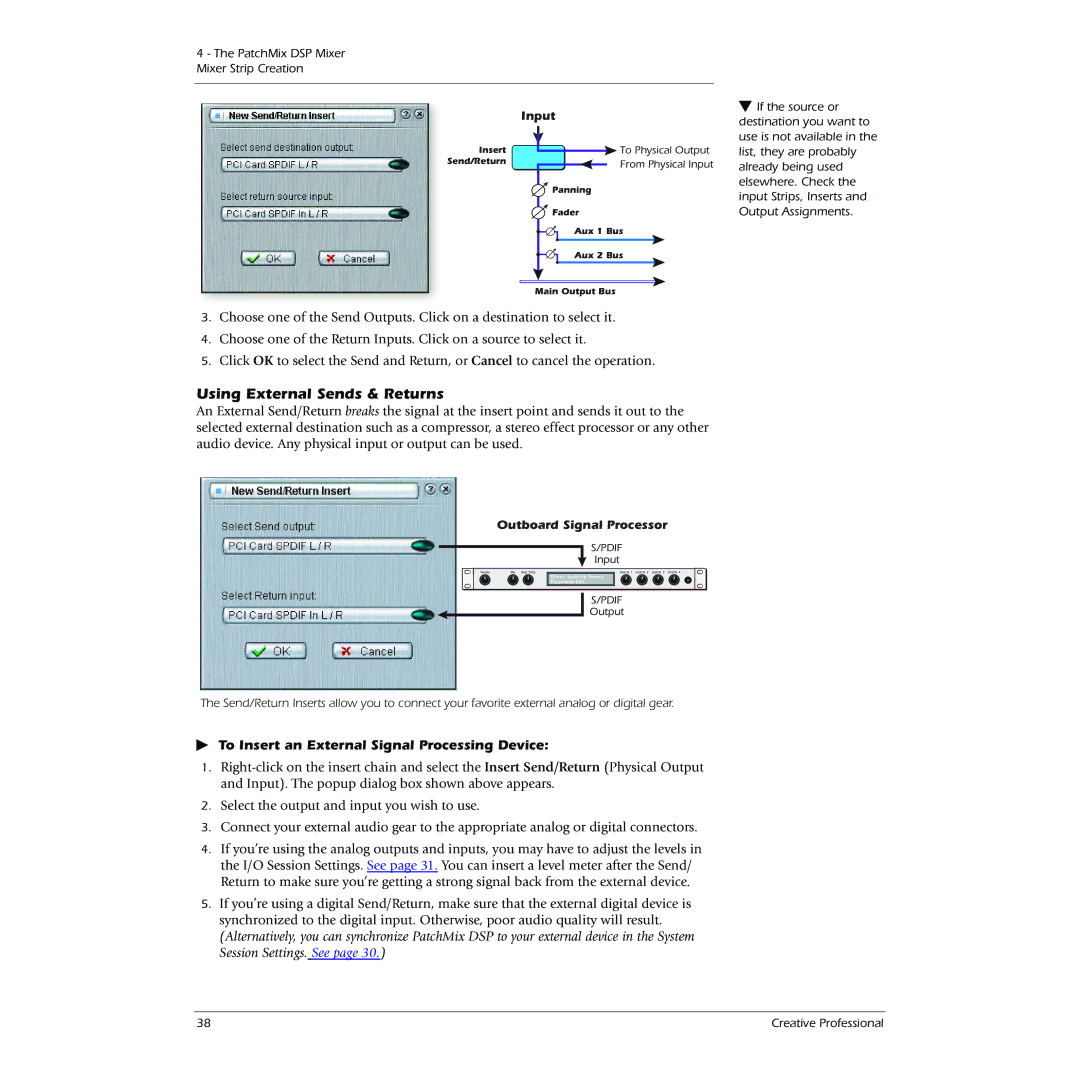 Creative 1820 Using External Sends & Returns, To Insert an External Signal Processing Device, Outboard Signal Processor 