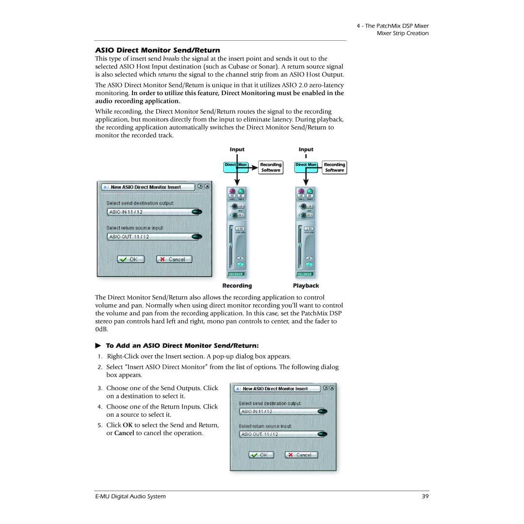 Creative 1212M, 1820M owner manual To Add an Asio Direct Monitor Send/Return, RecordingPlayback 