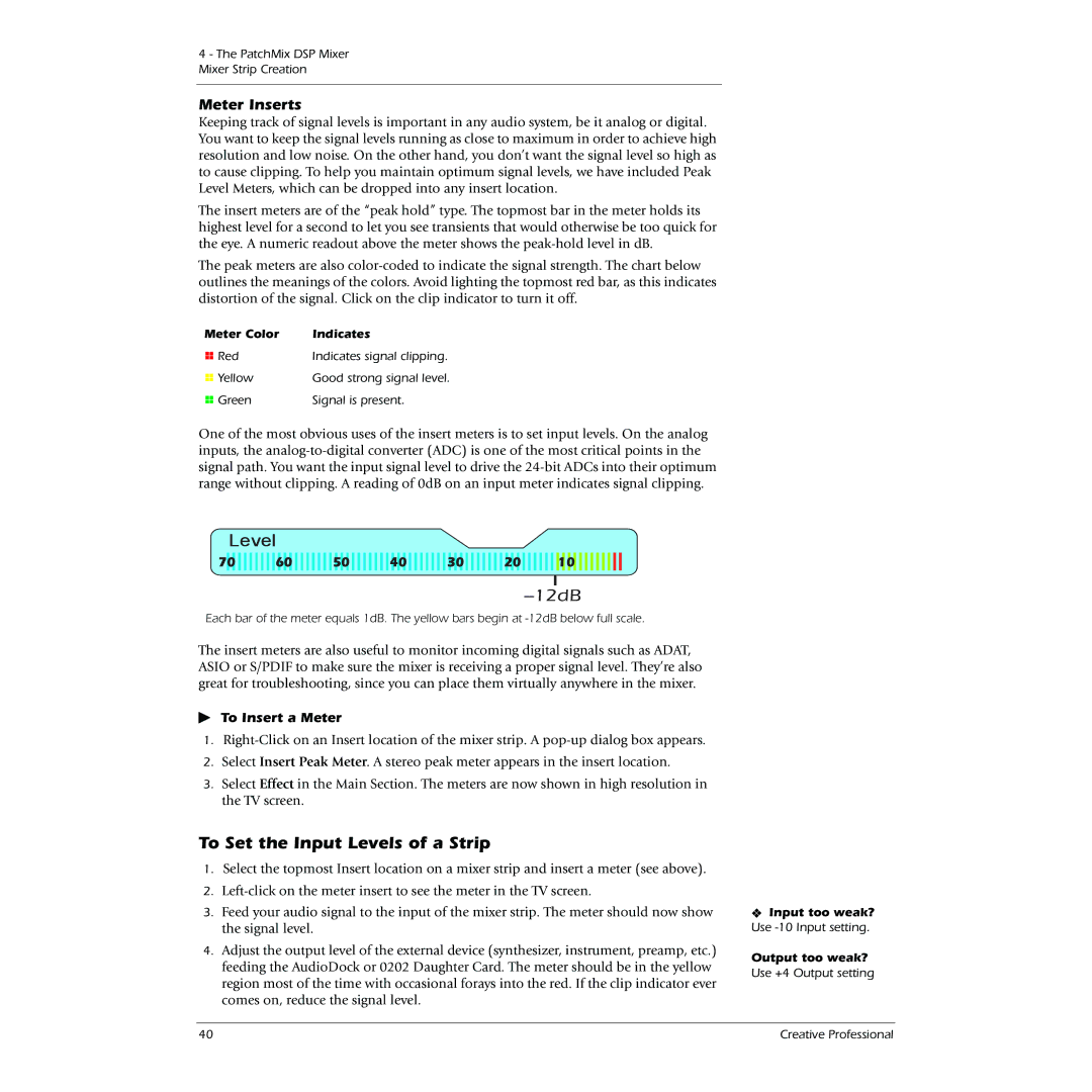 Creative 1820M To Set the Input Levels of a Strip, Meter Inserts, 60 50 40 30 20, To Insert a Meter, Meter Color Indicates 