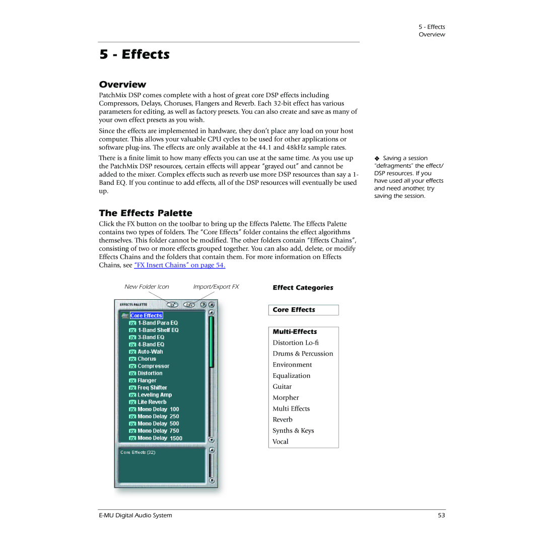 Creative 1212M, 1820M owner manual Overview, Effects Palette, Core Effects Multi-Effects 