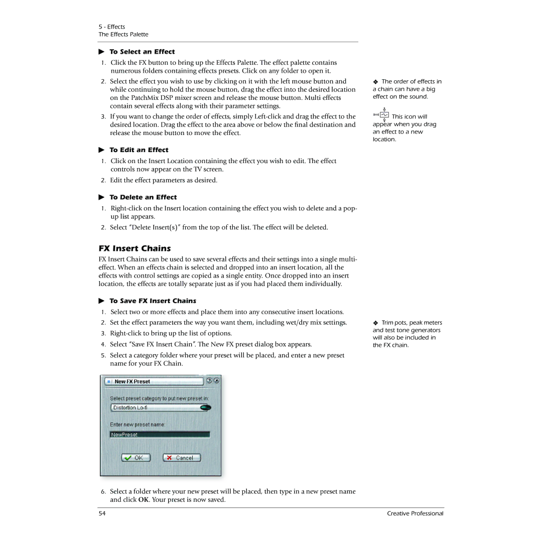 Creative 1212M, 1820M owner manual To Select an Effect, To Edit an Effect, To Delete an Effect, To Save FX Insert Chains 