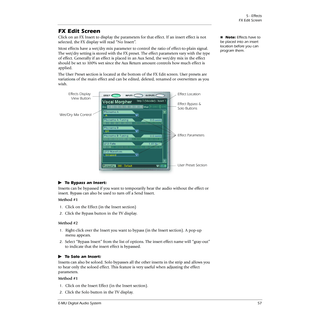 Creative 1212M, 1820M owner manual FX Edit Screen, To Bypass an Insert 